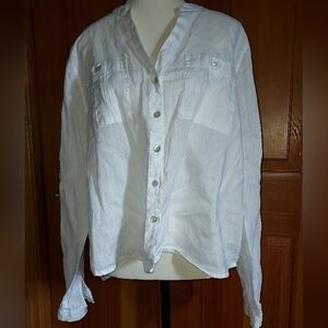 Isaac Mizrahi White Linen Button Mandarin Collar Nautical Mature Blouse XL NWOT